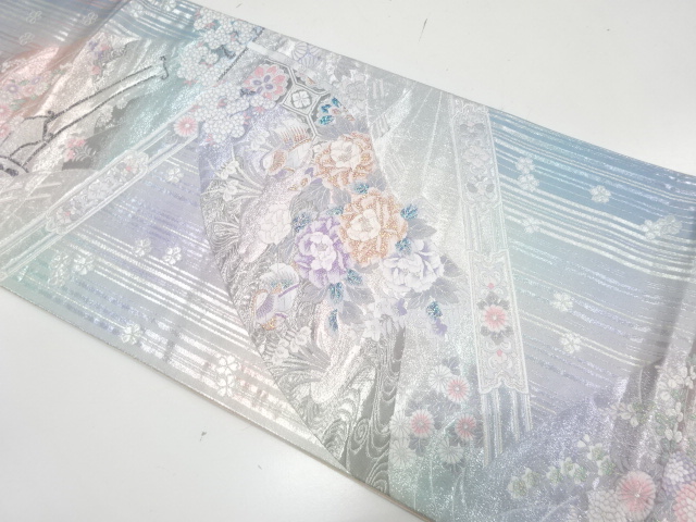 JAPANESE FUKURO OBI / PLATINUM​ FOIL / WOVEN FLORAL CART